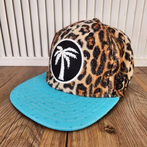 BLVD Supply Leopard Print Snapback Hat Cap Teal Full Quill Brim PU Palm Tree Fur